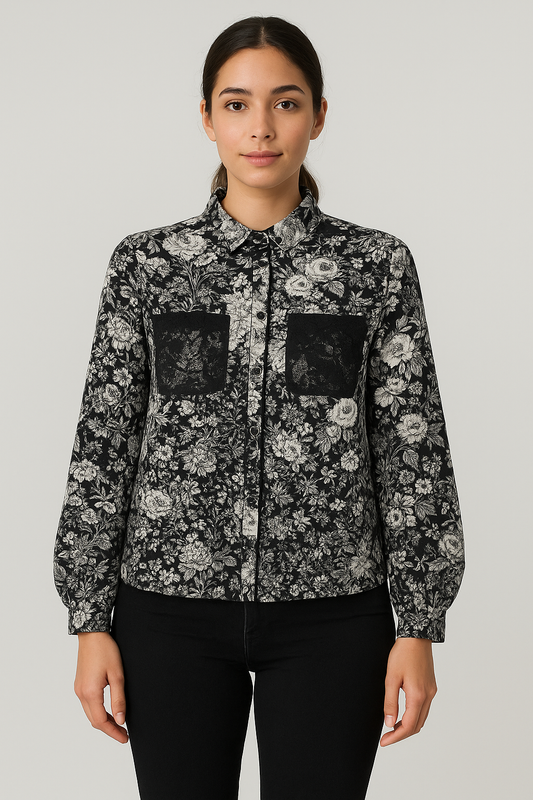 Black & White Floral Print Shirt with Lace Pockets