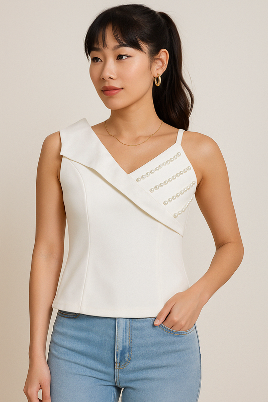 Asymmetrical Pearl Embellished White Top