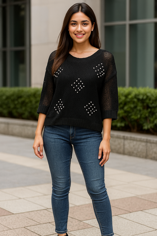 Black Diamond Studded Net Top