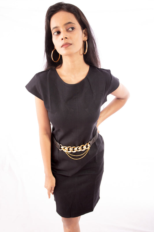 Black Cap Sleeve Sheath Dress with Gold Chain Belt