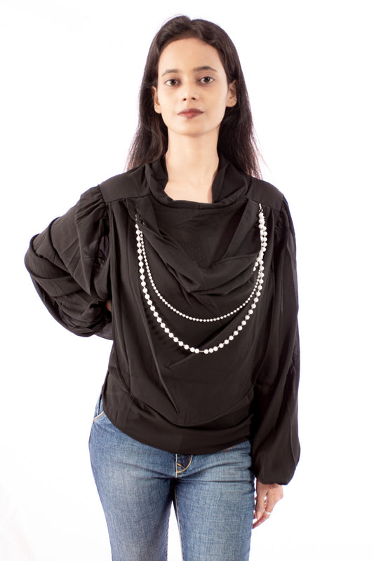 Black Draped Cowl Neck Top with Faux Pearl Detail