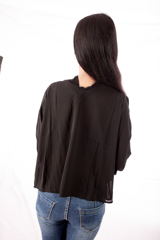 Black Draped Cowl Neck Top with Faux Pearl Detail