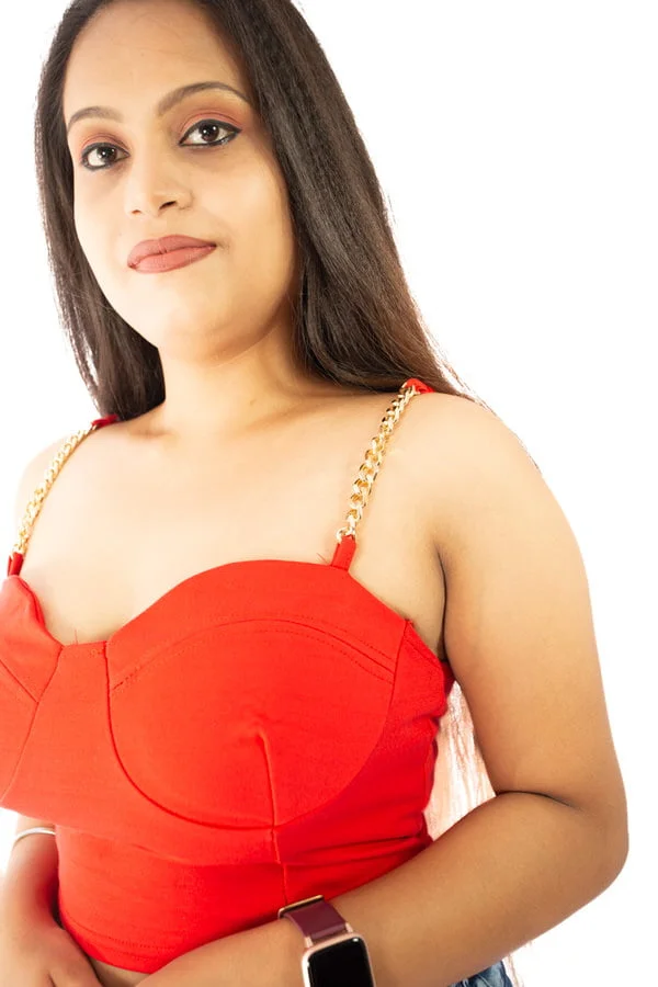 red crop top with Golden chain on shoulder red crop top
