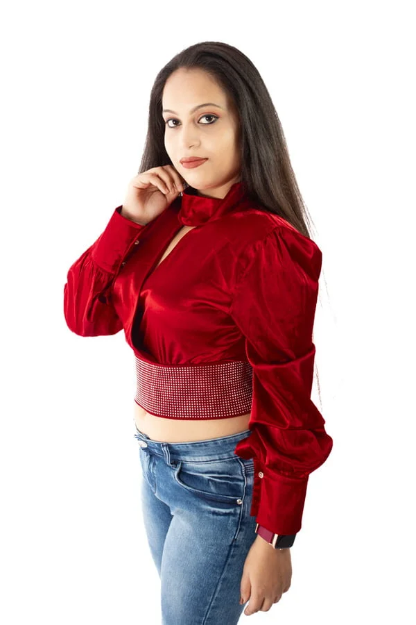 Partywear maroon Satin full sleeve top with rhinostone satin full sleeve top