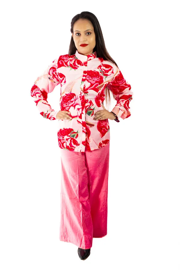 pink printed co ord set with wide pant printed co ord set