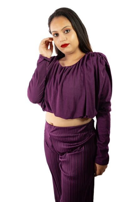 purple crop top and pant co ord set with full sleeve