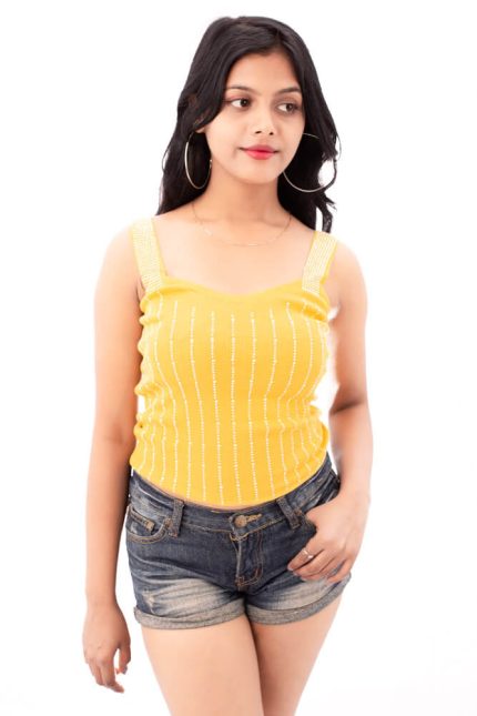 yellow knitted sleeveless top