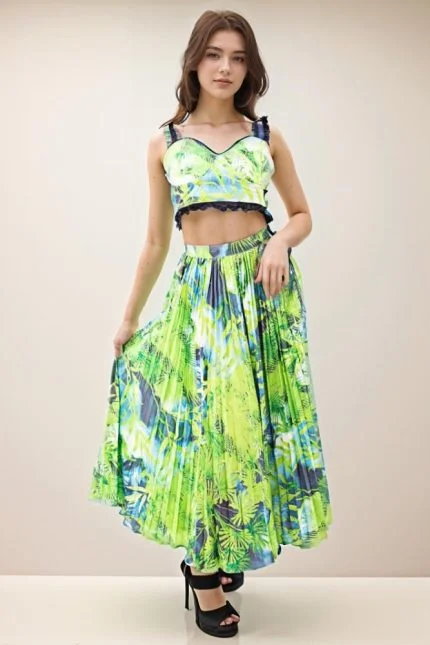 Green printed crop top and skirt set