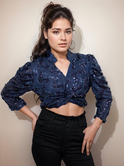 Sequins Crop Top with 3/4 sleeve in blue