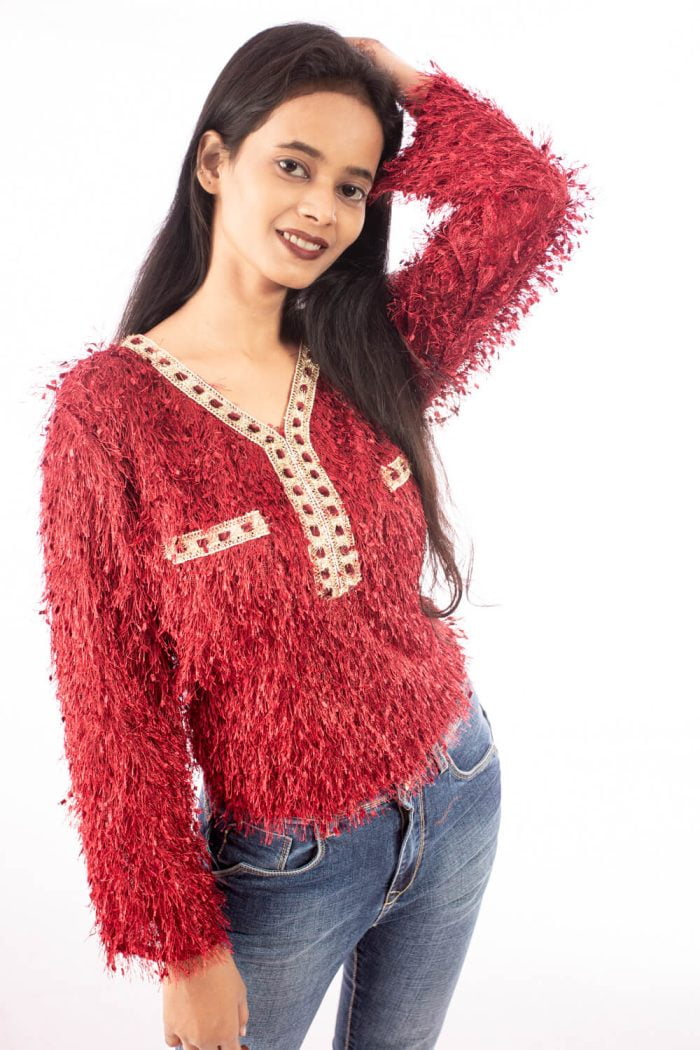 short top with frills in red top with frills