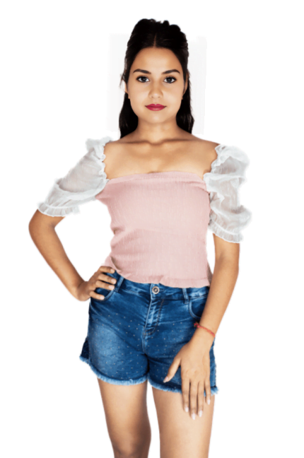 Rosy charm crop knitted top with puffed sleeves