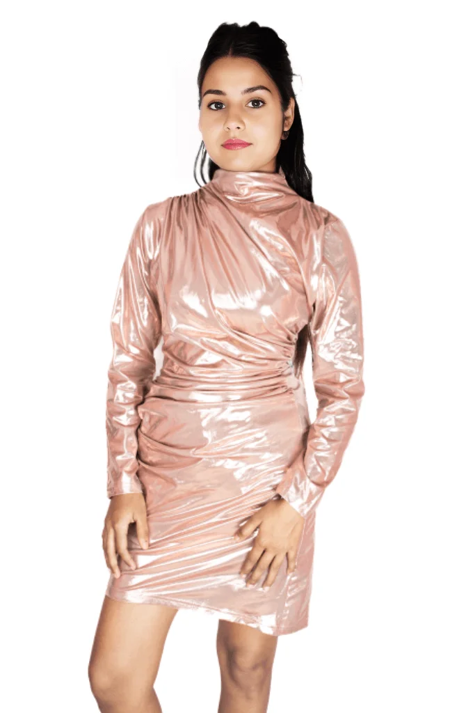 Blushing elegance ruched short dress pink metallic ruched short dress