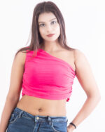 Hot Pink One-Shoulder Ruched Crop Top - Image 2