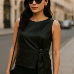 Sleek Black Satin Top with Tie Waist