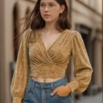 Velvet Wrap Front Puff Sleeve Crop Top