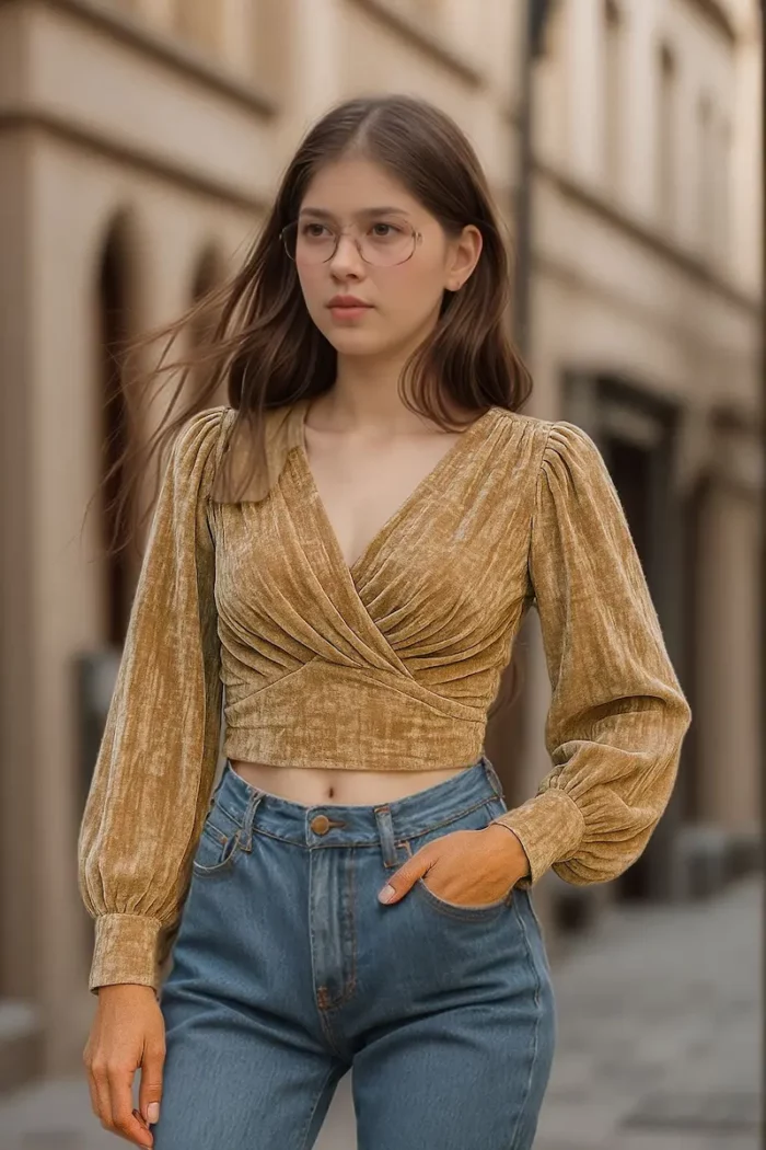 Velvet Wrap Front Puff Sleeve Crop Top - Image 1