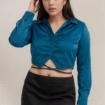 Teal Ruched Wrap strings Crop top in Satin
