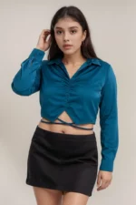 Teal Ruched Wrap strings Crop top in Satin