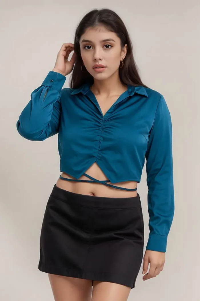 Satin Teal Ruched Wrap Crop Top - Image 1
