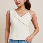 Asymmetrical Pearl Embellished White Sleeveless Top