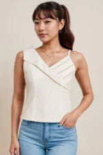 Asymmetrical Pearl Embellished White Sleeveless Top