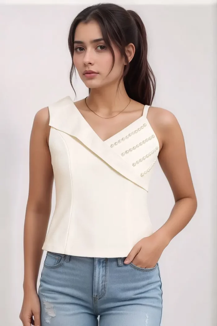 Asymmetrical Pearl Embellished White Top - Image 2