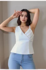 Asymmetrical Pearl Embellished White Sleeveless Top - Image 3