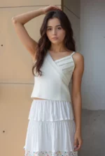 Asymmetrical Pearl Embellished White Sleeveless Top - Image 5