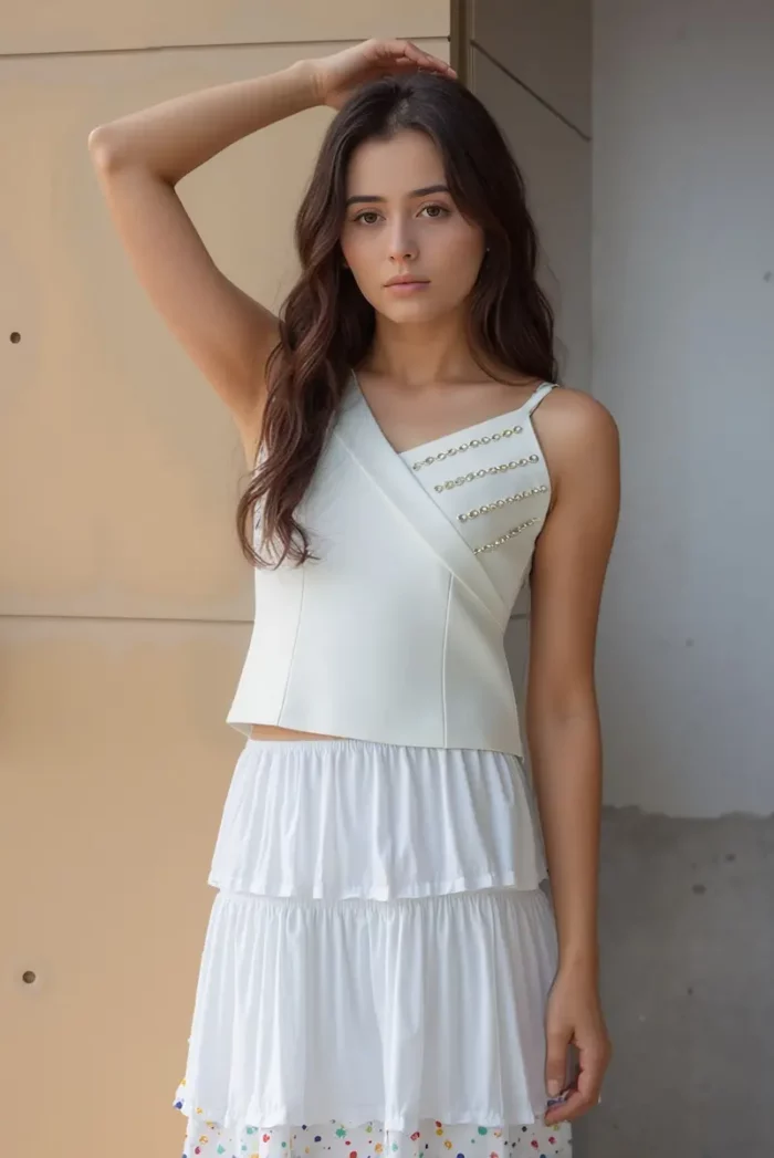 Asymmetrical Pearl Embellished White Top - Image 5