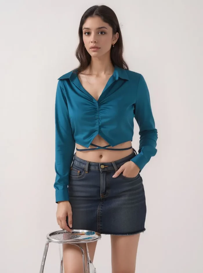 Satin Teal Ruched Wrap Crop Top - Image 3