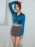 Teal Ruched Wrap strings Crop top in Satin - Image 4