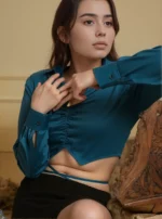 Teal Ruched Wrap strings Crop top in Satin - Image 5