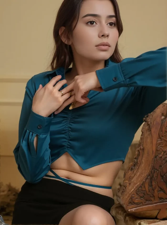Satin Teal Ruched Wrap Crop Top - Image 5