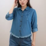 Embroidered Fringe-Hem Denim Shirt