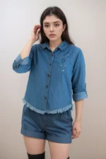 Embroidered Fringe-Hem Denim Shirt