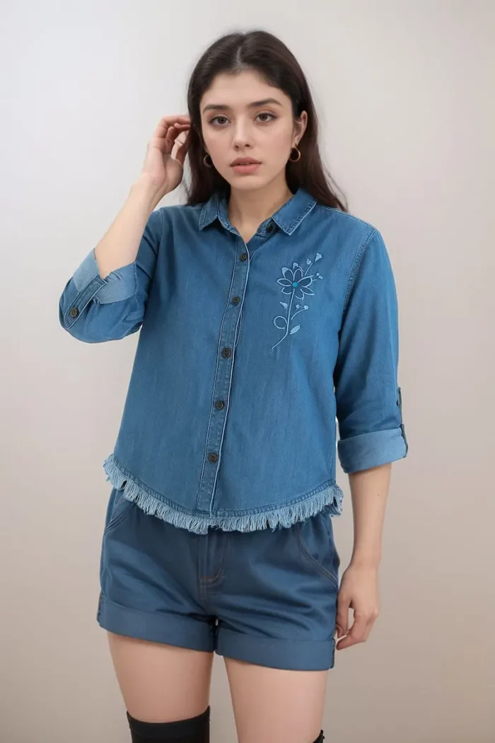 Embroidered Fringe-Hem Denim Shirt - Image 1