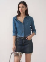 Embroidered Fringe-Hem Denim Shirt - Image 2
