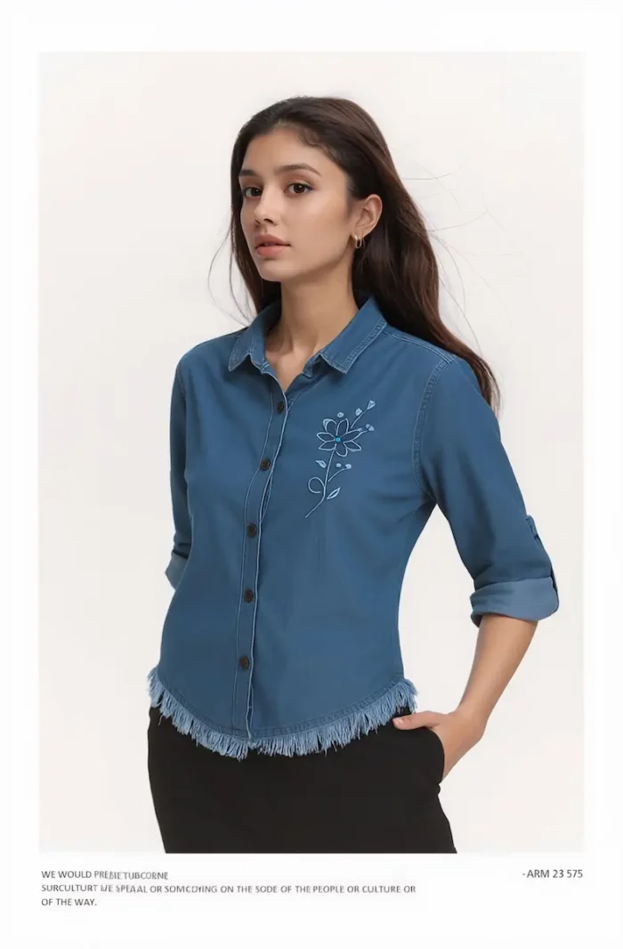 Embroidered Fringe-Hem Denim Shirt - Image 4