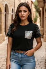 Glam Spark Studded Tee – Black - Image 2