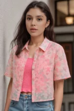 Sheer Pink Abstract Print Shirt with Inner Smocked Tube Top