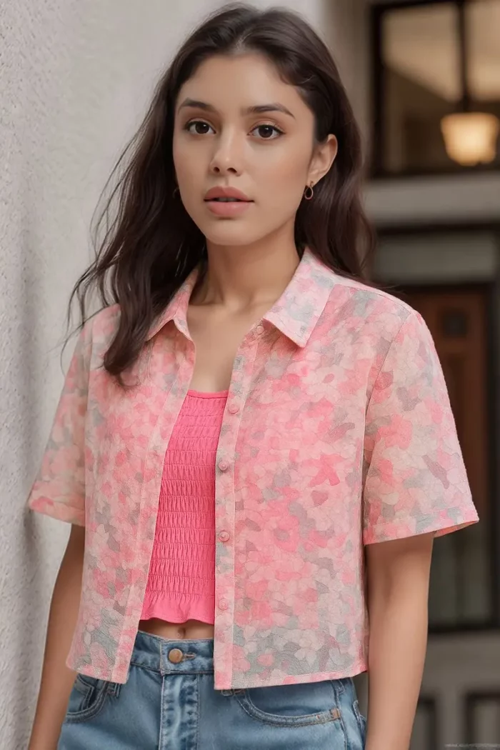 Sheer Pink Abstract Print Shirt With Inner Smocked Tube Top - Image 1