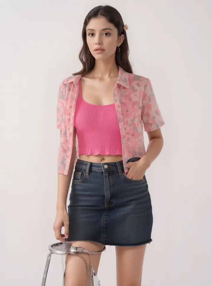 Sheer Pink Abstract Print Shirt With Inner Smocked Tube Top - Image 2