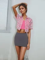 Sheer Pink Abstract Print Shirt with Inner Smocked Tube Top - Image 3