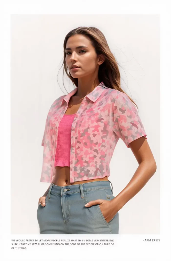 Sheer Pink Abstract Print Shirt With Inner Smocked Tube Top - Image 5