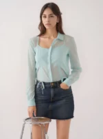 Mint Mist Drawstring Detail Button-Down Shirt