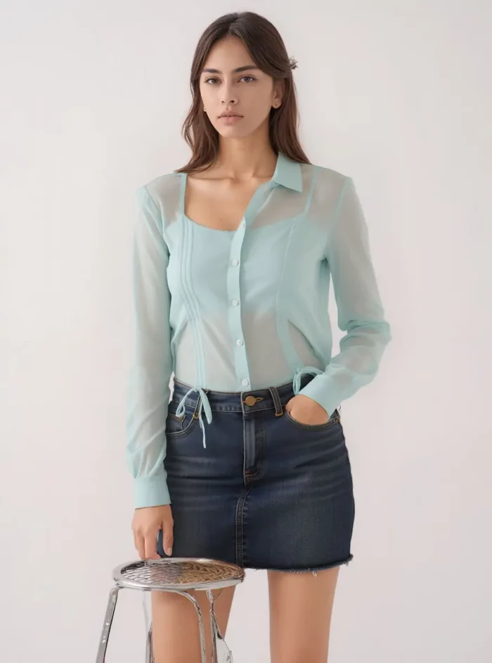 Mint Mist Drawstring Detail Button-Down Shirt - Image 1
