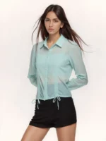 Mint Mist Drawstring Detail Button-Down Shirt - Image 3