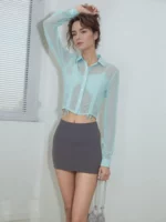 Mint Mist Drawstring Detail Button-Down Shirt - Image 4