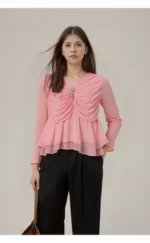 Light Pink Draped Chiffon Top with Crystal Embellishment and Layered Hem - Image 2