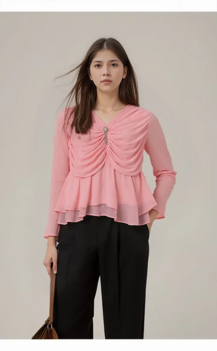 Light Pink Draped Chiffon Top With Crystal Embellishment And Layered Hem - Image 2
